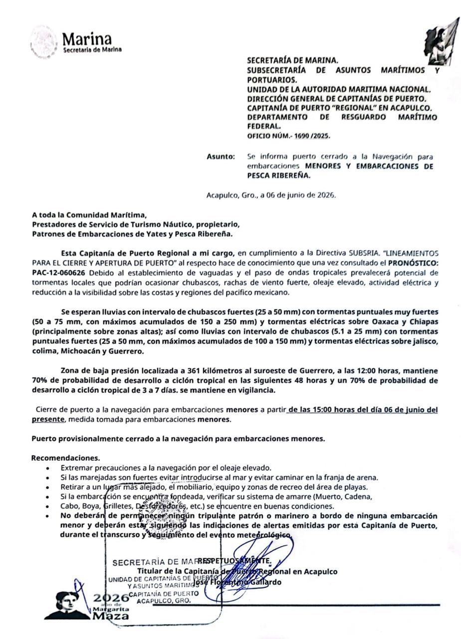 Capitanía de Puerto cierra navegación para embarcaciones menores en Acapulco