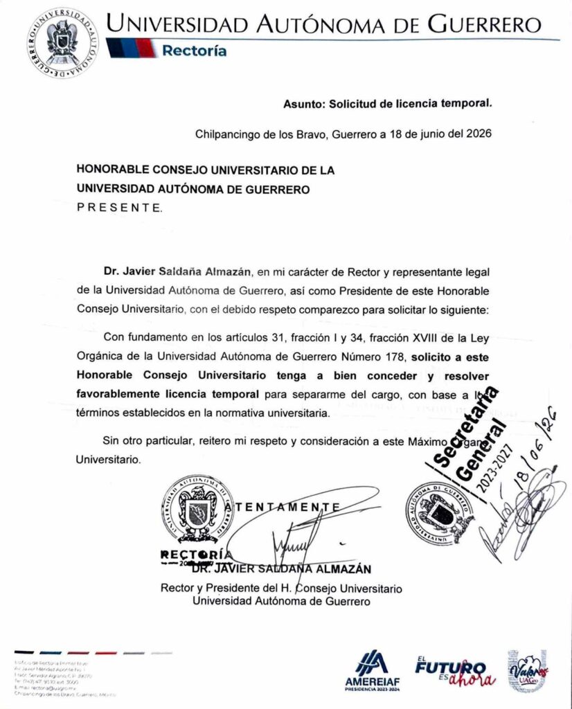 Javier Saldaña solicita licencia al cargo de Rector de la UAGro